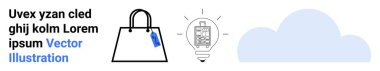 Etiketli alışveriş torbası, parlak ampul sembolize eden fikirler ve minimalist mavi bulut. E-ticaret, yenilik, teknoloji, bulut hesaplama, yaratıcılık, perakende ve pazarlama için ideal