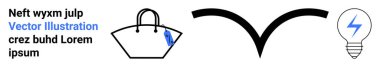 Mavi cepli el çantası, kıvrımlı siyah ok ve yanan ampul. Moda, yenilik, enerji, tasarım düşünme, problem çözme, markalaşma minimalizmi düz iniş sayfası afişi için ideal