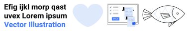 Metin elemanları, kalp ikonu, çevrimiçi ödeme ekranı ve en az balık skeci. Finans, teknoloji, aşk temaları, e-ödemeler yaratıcılık markalaşma eğitimi için idealdir. Soyut çizgi düz metafor