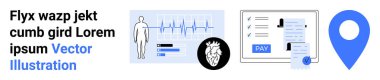Sağlık veri tablosu, kalp görselleştirmesi, çevrimiçi ödeme onayı ve mavi yer göstergesi olan insan figürü. Sağlık, fintech, konum hizmetleri, dijital kimlik ve teknoloji verileri için ideal