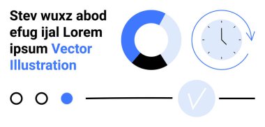 Pasta grafiği, saat simgesi ve kontrol işaretlerinin birleşimi istatistiksel analiz ve zaman izleme gösterimi. İş analizleri, proje yönetimi, zaman tutma, UI tasarımı, gösterge panelleri için ideal