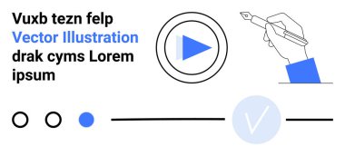 Elin kalem, çalma tuşu, metin ögeleri, daireler ve işaret sembolü ile vektör illüstrasyonu. Eğitim, multimedya, tasarım, yaratıcılık reklam içeriği oluşturma için idealdir