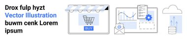 Alışveriş arabası, büyüme grafikleri, e-posta ikonu, vites çizelgesi ve veri bulutuyla çevrimiçi mağaza önü. E-ticaret, çevrimiçi alışveriş, pazarlama analizi, veri yönetimi dijital büyümesi için ideal