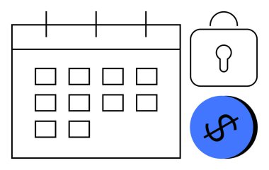 Takvim şebekesi, anahtar deliğiyle kilitlen, dolar işaretiyle mavi daire. Program, güvenlik, finans, planlama, tasarruf zamanı yönetimi için ideal. Modern soyut çizgi düz metafor