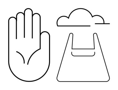 Minimalist çizgi sanatında bir bulut ve çanta yanında açık el hareketi. Farkındalık, bulut hesaplama, sürdürülebilirlik kavramları, çevre, dijital depolama, insan teması, çevre dostu uygulamalar için ideal