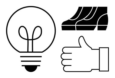 Yeniliği temsil eden ampul, onay için baş parmak ve gelişmeyi simgeleyen giysi ayakkabıları. Yaratıcılık, başarı, hareket, motivasyon, başarı, moda ve takım çalışması kavramları için ideal