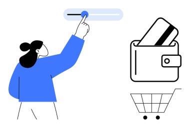 Seçme arayüzü, kredi kartlı cüzdan, alışveriş arabası ikonu. Çevrimiçi alışveriş, ödeme yöntemleri, e-ticaret, mali işlemler, UIUX tasarımı, modern teknoloji için ideal