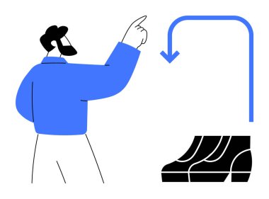 Man pointing upward at blue arrow looping downwards towards declining bar graph. Ideal for business analysis, performance review, market trends, decision making, strategy shifts, predictive analysis clipart