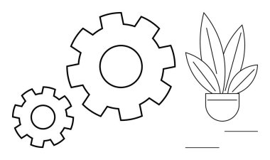 Yapraklı bir saksının yanında birbirine bağlı iki vites. Teknoloji, büyüme, denge, uyum, sürdürülebilirlik, yenilik, gelişim kavramları için ideal. Soyut çizgi düz metafor