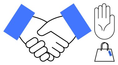 Ortaklık tokalaşması, dürüstlüğü simgeleyen açık avuç içi, ticareti simgeleyen etiketli alışveriş çantası. İş anlaşması için ideal, güven, dürüstlük, işbirliği, ticaret, dürüstlük