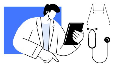 Laboratuvar önlüklü, elinde tablet olan bir sağlık görevlisi. Stetoskop ve tıbbi çanta yakında. Dijital sağlık, modern tıp, teletıp, tıbbi araştırma ve teknoloji için ideal