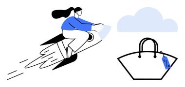 Kadın roketin üstünde uçuyor ve el çantasını bulut altına koyuyor. Çevrimiçi alışveriş, e-ticaret, hızlı dağıtım, fütüristik perakende, dijital pazar, tüketici davranışı, yenilik için ideal. Özeti temsil eder