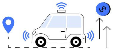 GPS işaretli, kablosuz sinyalli ve maliyet artırıcı sembollü otonom bir araba. Ulaşım, yenilik, teknoloji, navigasyon, maliyet verimliliği akıllı araçlar için idealdir. Mavi