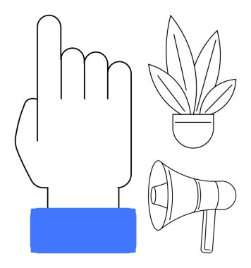 Parmakları işaret eden büyük bir el, yapraklı saksı bitkisi ve megafon iletişimi, büyümeyi ve sürdürülebilirliğe odaklanmayı öneriyor. Takım çalışması, çevre bilinci ve liderlik için ideal.
