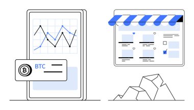 Çevrimiçi bir mağazanın yanında dalgalı bir Bitcoin grafiği gösteren akıllı telefon dijital para birimini ve e-ticareti gösteriyor. Finans, ticaret, kripto para birimi, çevrimiçi alışveriş, dijital ekonomi için ideal