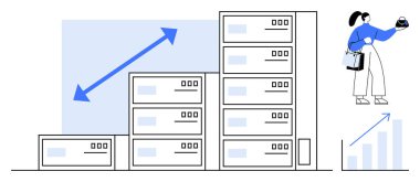 Sunucuları yöneten ve büyümeyi resmeden bir kadın. İş geliştirme, teknik ilerleme, veri yönetimi, büyüme stratejisi, bilişim çözümleri, başarı ölçümleri, takım çalışması için ideal. Soyut çizgi düz metafor