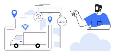 Lojistik unsurları işaret eden kişiler arasında kamyonet, GPS lobutları ve bulut simgeleri var. Teslimat hizmetleri için ideal, dijital dönüşüm, tedarik zinciri yönetimi, filo takibi, depo