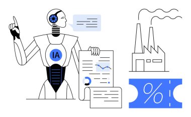 Yapay zeka robotu grafikler, konuşma baloncukları, fabrika binaları ve yüzde sembolleriyle kağıdı yukarı doğru tutarken yukarı doğru işaret ediyor. Teknoloji, otomasyon, endüstri, veri analizi, gelişmiş robotik için ideal