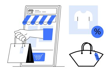 Üzerinde indirim sembolü olan tişört simgeleri ve bir el çantası bulunan akıllı telefon ekranından uzanan bir el çantası. E-ticaret için ideal, çevrimiçi alışveriş, indirimler, dijital