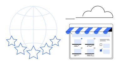 İnternet sitesi mavi çizgili tentenin altında, tarayıcı penceresi olan bir dünya ve beş yıldızlı. Ecommerce için ideal, küresel iş, çevrimiçi değerlendirmeler, müşteri memnuniyeti, çevrimiçi alışveriş