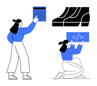 Hesap makinesi ve kodlama sembolüyle etkileşen iki kadın karakter. Finans, teknoloji, veri analizi, programlama, iş akışı, üretkenlik ve eğitim konuları için idealdir. Mavi-beyaz renk şeması