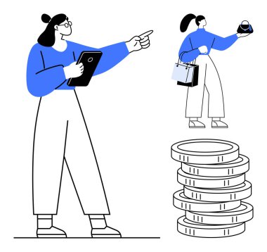 Elinde tablet tutan ve işaret eden bir iş kadını elinde çaydanlık olan bir alışveriş torbası ve bir yığın bozuk para taşıyan bir müşteri. İş stratejisi, e-ticaret, yatırım, mali büyüme ve perakende analizi için ideal