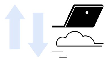 Veri aktarım yönünü, stilize dizüstü bilgisayarı ve bulutu gösteren oklar dijital bağlantıyı ve bulut hesaplamasını somutlaştırıyor. Teknoloji, bulut hizmetleri, veri yönetimi, dijital dönüşüm için ideal