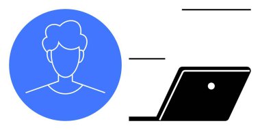 Person inside blue circle beside black laptop, representing digital interaction. Ideal for remote work, online learning, telecommuting, digital communication, virtual meetings, technology clipart