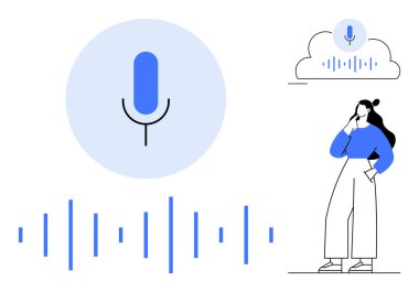 Mikrofon simgesi, ses dalgaları, kullanıcı düşüncesi, ses simgesi olan bulut. Yapay zeka, ses tanıma, teknoloji, yenilikçi iletişim kullanıcı etkileşimli veri depolama için ideal. Minimalist tasarım