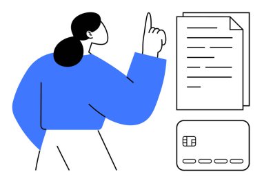 Kredi kartıyla bir yığın belgeyi gösteren bir kadın. Finansal planlama, bütçe, dökümantasyon, işlemler, kişisel finans, bankacılık ve iş için ideal. Satır metaforu