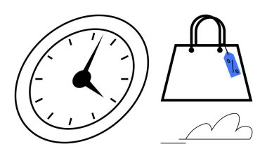 Saati ve alışveriş çantasını gösteren mavi etiketli basit bir çizgi bulutunun yanında. Perakende satış, zaman yönetimi, verimlilik, tüketici davranışı, alışveriş stratejileri, üretkenlik, dakiklik için ideal