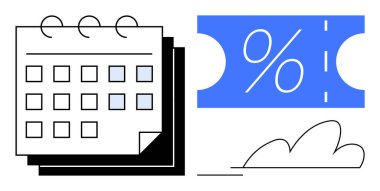 Birden fazla sayfalı takvim ve bulutlarla ilişkili yüzde sembollü indirimli bilet. Planlama, zaman yönetimi, tasarruflar, promosyonlar, pazarlama stratejileri, finansal planlama için ideal