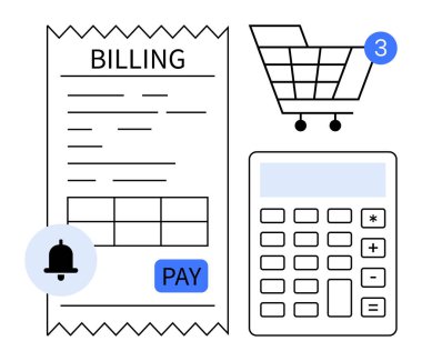 Fatura beyanı, tebligatlı alışveriş arabası ve hesap makinesi. Malzemeler e-ticaret, mali yönetim ve işlemin tamamlandığını gösteriyor. Çevrimiçi alışveriş, finans uygulamaları ve muhasebe için ideal