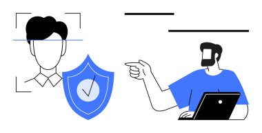 Bilgisayarlı bir adam yüz tanıma arayüzünü işaret ediyor, kalkan işaretli. Siber güvenlik, kimlik doğrulama, veri koruması, çevrimiçi güvenlik, kimlik doğrulama süreçleri ve teknoloji için ideal