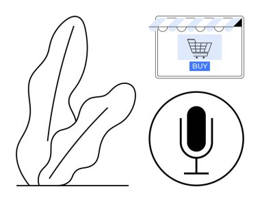 Market tentesinin altında Buy düğmesi olan bir alışveriş arabası ikonu, soyut çizgili sanat fabrikası ve dairesel mikrofon ikonu. Çevrimiçi alışveriş, e-ticaret, dijital iletişim, perakende, bitki bakımı için ideal