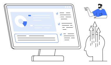 Bilgisayar ekranında grafikler ve kontrol listeleri gösteriliyor, ona bakan kişi yukarı doğru ok atıyor. Çevrimiçi eğitim, veri analizi, kişisel gelişim, büyüme ve dijital strateji için ideal