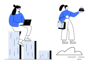 Dizüstü bilgisayarı, diğer el çantası ve alışveriş torbalarıyla büyüme çizelgesinde oturan bir kadın figürü. İş büyümesi, e-ticaret, iş hayatı dengesi, verimlilik, finans, çevrimiçi alışveriş, yaşam tarzı için ideal