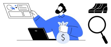 Businessperson dizüstü bilgisayar, büyüteç ve büyüme grafiğiyle veri incelerken bir para çantası tutuyor. Finansal analiz, iş stratejisi, yatırım araştırması, finansal planlama için ideal