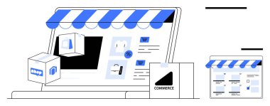 Bir dizüstü bilgisayar ekranında online mağaza arayüzü. Alışveriş çantaları, paketler ve vitrin tableti. E-ticaret, dijital alışveriş, çevrimiçi iş, perakende yönetimi, satış büyümesi web gelişimi için ideal