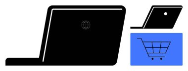 Siyah dizüstü bilgisayar solda, dünya ekranda, mavi dikdörtgen ve alışveriş arabası simgesi. Çevrimiçi alışveriş, e-ticaret, dijital pazarlama, İnternet kullanımı, mobil sistemler, teknoloji sektörü için ideal