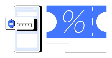 Mobil cihaz, güvenlik kalkanı olan bir şifre koruması gösteriyor. Yanında yüzdelik sembollü büyük bir indirim kuponu var. Çevrimiçi güvenlik, indirimler, mobil uygulamalar, e-ticaret için ideal