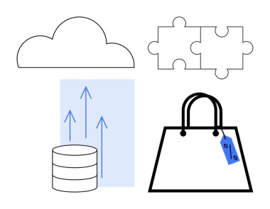 Bulut, bulmaca parçaları, veri tabanından yükselen veri tablosu ve etiketli bir alışveriş çantası. Bulut hesaplama, problem çözme, veri analizi, e-ticaret, büyüme dijital temaları için ideal
