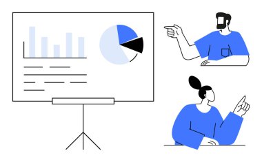 İş adamları tartışmaya başladı, ekrandaki grafikler ve pasta grafikleriyle grafiklere işaret ettiler. Takım çalışması, iş toplantıları, sunumlar, veri analizi, işbirliği, stratejik