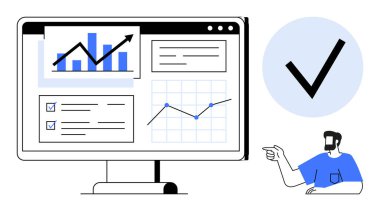 Çizelgeler, grafikler ve kontrol listeleri olan bilgisayar ekranı işaretli yeri gösteriyor. İş analizleri, veri görselleştirme, rapor oluşturma, proje yönetimi, performans izleme için ideal