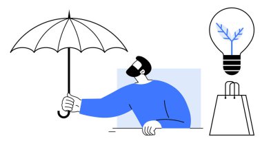 Korunmak için şemsiye tutan kişi, çevreci yeniliği simgeleyen ağaç ampulü ve ticareti temsil eden alışveriş çantası. Sigorta, sürdürülebilirlik, perakende, iş, yaratıcılık için ideal