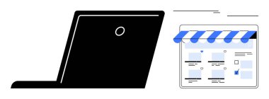 İnternetten alışveriş yaptığını gösteren açık bir web mağazası penceresinin yanındaki dizüstü bilgisayar. E-ticaret, dijital pazarlama, web sitesi geliştirme, küçük işletmeler, uzaktan çalışma, çevrimiçi işlemler, başlangıç kültürü için ideal