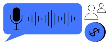 Mikrofon, ses dalgaları, kullanıcı ve dolar simgeleriyle mavi konuşma balonu. Ses tanıma, podcast, ses teknolojisi, kullanıcı etkileşimi, para kazanma, iletişim, dijital ortam için ideal