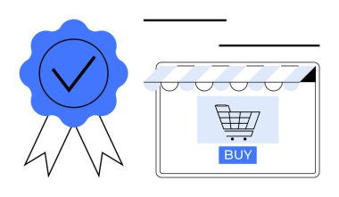 Shopping cart on e-commerce website screen next to a blue checkmark badge ribbon. Ideal for online shopping, e-commerce, quality assurance, consumer trust, digital retail, verified services, purchase clipart