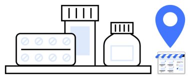 Eczane vitrinini gösteren mavi işaretli ilaç şişeleri ve haplar. Sağlık hizmetleri, eczane hizmetleri, çevrimiçi alışveriş, dağıtım, ilaç, ilaç