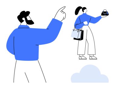 İki kişi alışveriş yaparken, biri birini işaret ederken diğeri çanta ve bir çanta tutuyor. Perakende satış, tüketici davranışı, ticaret, alışveriş trendleri, pazarlama, yaşam tarzı, müşteri ilişkileri için ideal. Soyut